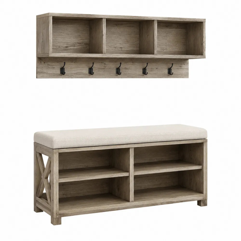 Set di panca e appendiabiti in legno laminato con cuscino in lino beige