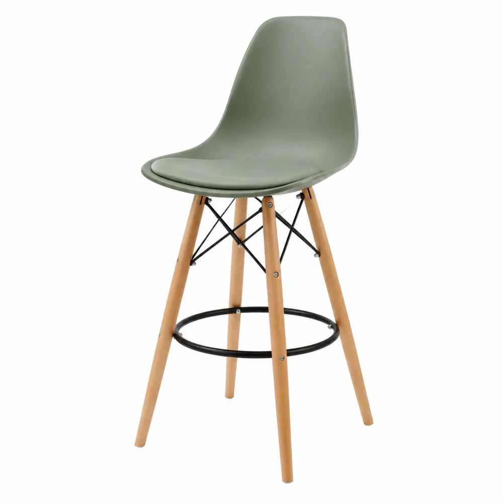 Sgabello da bar in plastica verde con gambe in legno di faggio