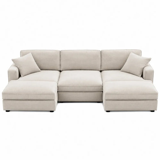 Divano angolare in tessuto beige con chaise longue