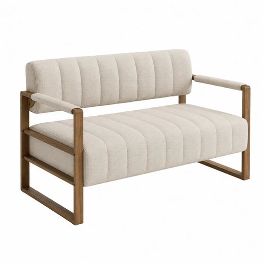 Divano due posti in legno e tessuto beige