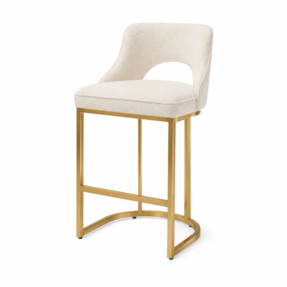 Sgabello da bar in tessuto poliestere beige con struttura in metallo dorato