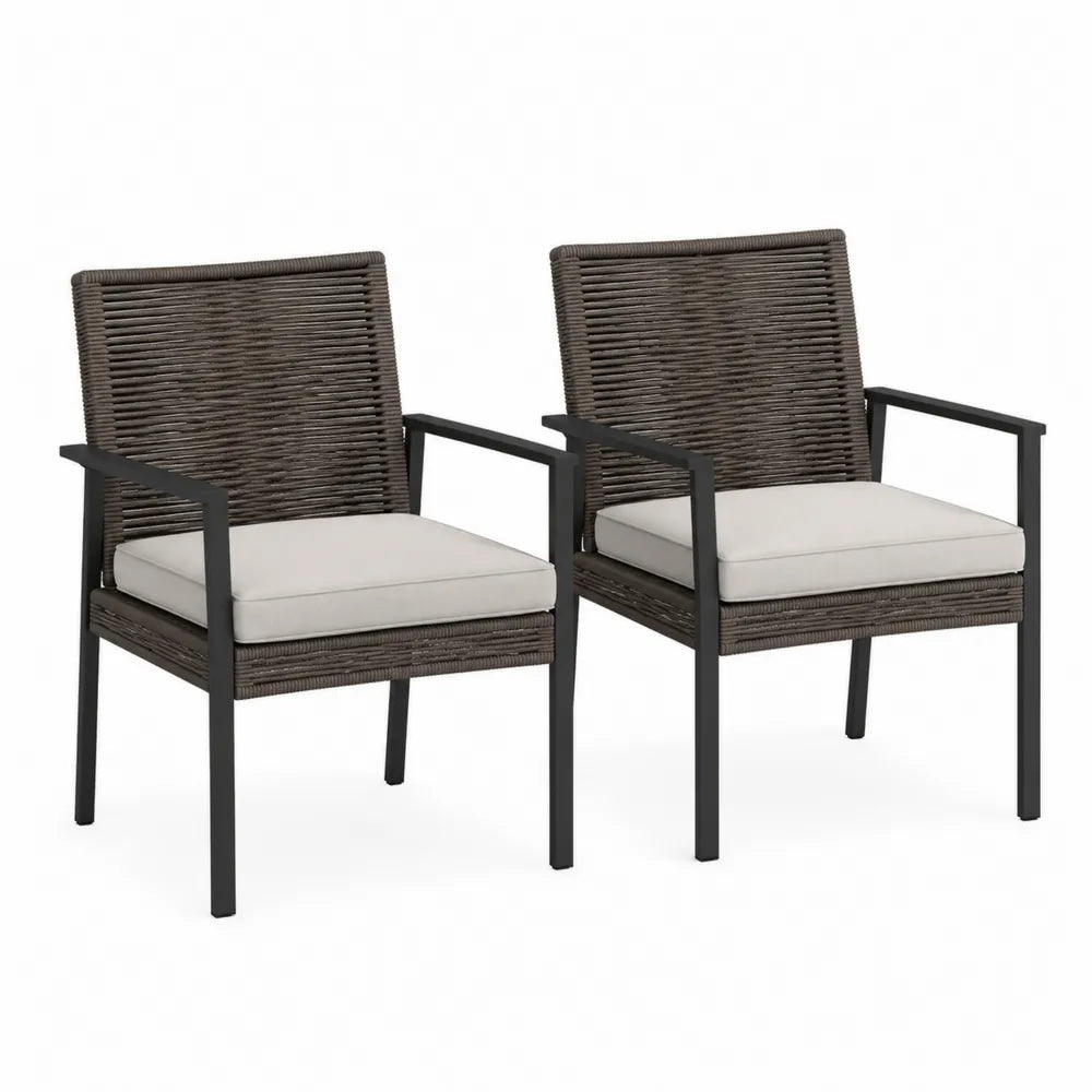 Set di 2 Sedie da Esterno in Metallo e Rattan con Cuscini Beige