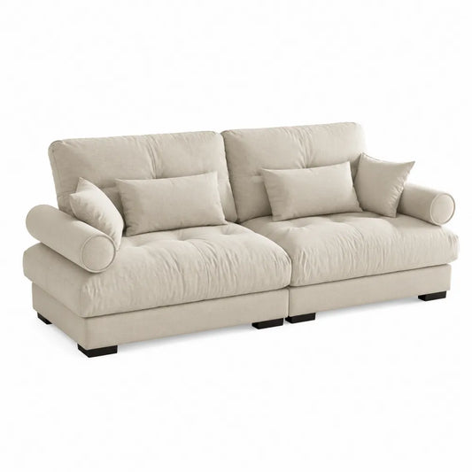 Divano modulare in tessuto beige con cuscini, 220x95x90 cm