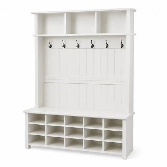 Appendiabiti con panca e scomparti in MDF bianco